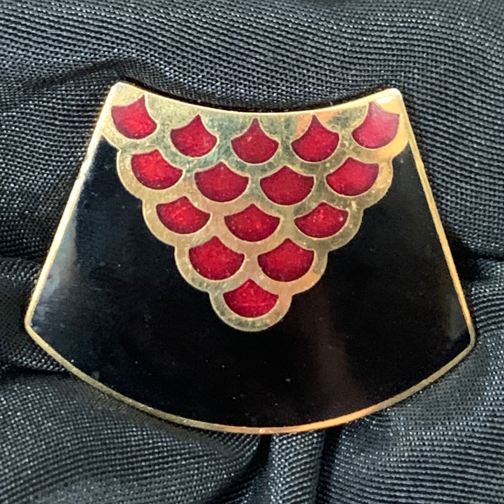 Women's Black and Red Enamel Fashion Brooch - Gold Trim